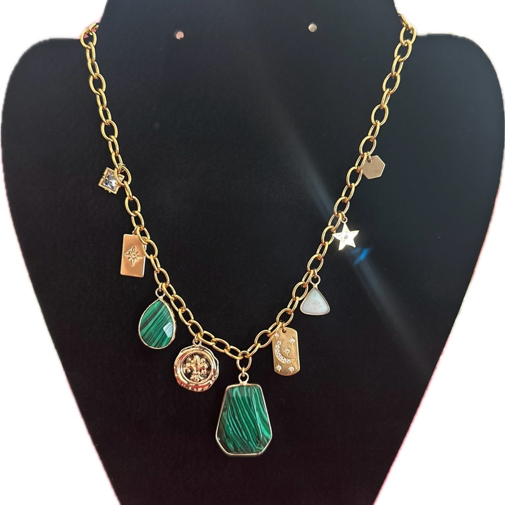 Nakamol Adjustable Charm Mixed Stone Statement Necklace, Malachite, Gold & Green